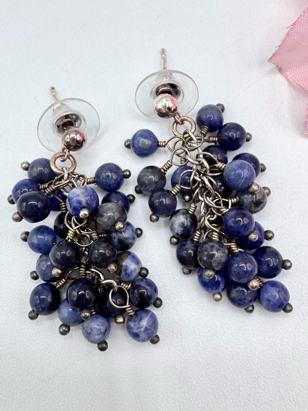 Sodalite Beaded Gemstone Cluster Cha Cha Earrings Silver Tone Grape Cluster Boho
